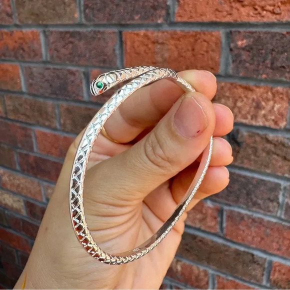 Serpenti Snake Silver Waterproof Green Eyes Cuff Bracelet - Picture 11 of 14